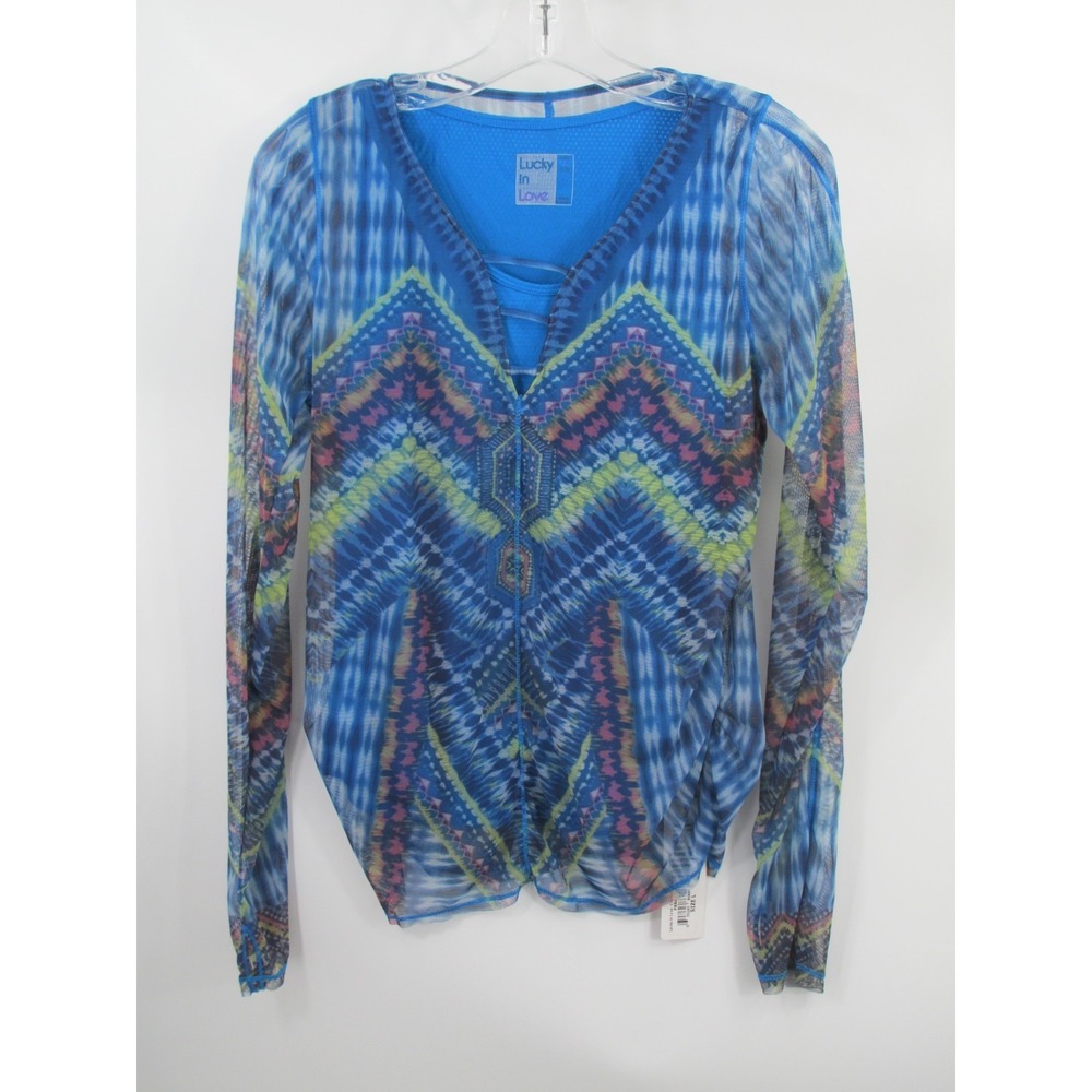 NWT Lucky in Love 2pc Athletic Mesh Top & Tank Women L Blue Mosaic CT476-501450